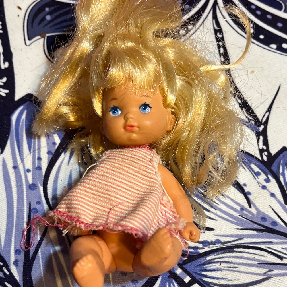 Vintage Kid Sister to Barbie Blonde Doll with Pink Striped Dress